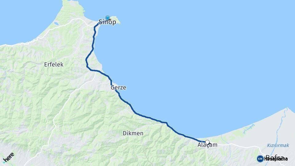 Sinop Alaçam Samsun Arası Kaç Km - Yol Haritası