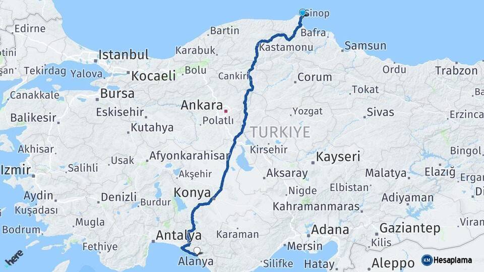 Sinop Alanya Antalya Arası Kaç Km - Yol Haritası