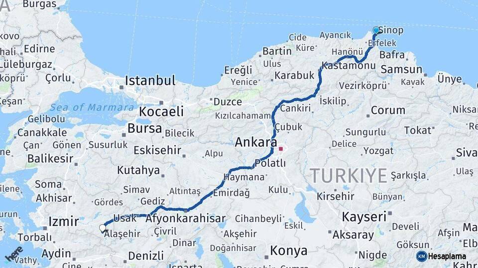 Sinop Alaşehir Manisa Arası Kaç Km - Yol Haritası