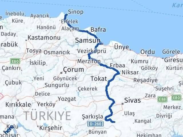 Sinop Altınyayla Sivas Arası Kaç Km - Yol Haritası