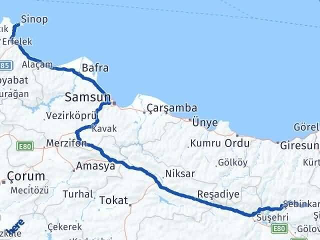 Sinop Alucra Giresun Arası Kaç Km - Yol Haritası