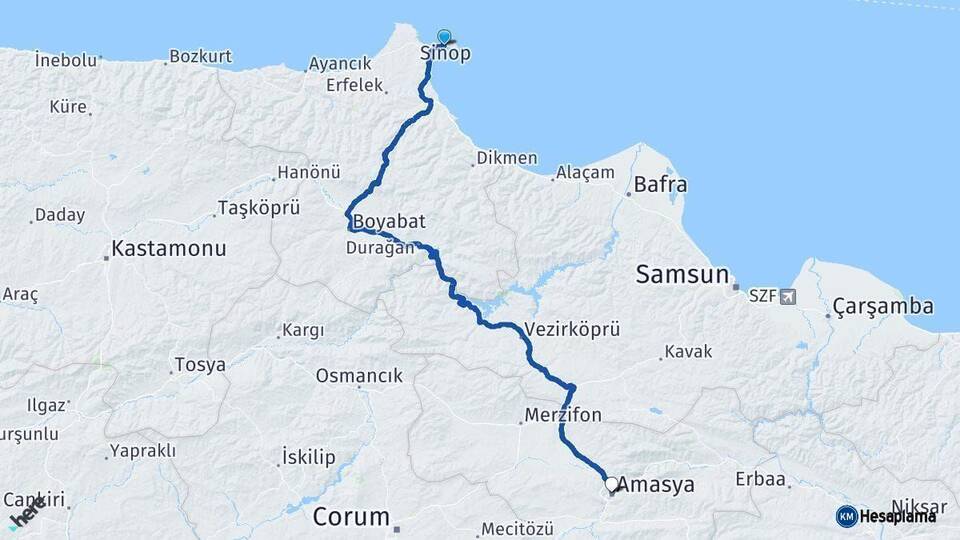 Sinop Amasya Arası Kaç Km - Yol Haritası