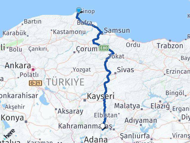Sinop Andırın Kahramanmaraş Arası Kaç Km - Yol Haritası