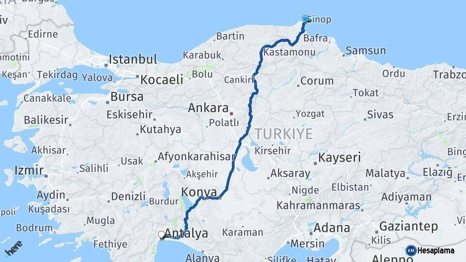 Sinop Antalya Arası Kaç Km - Yol Haritası