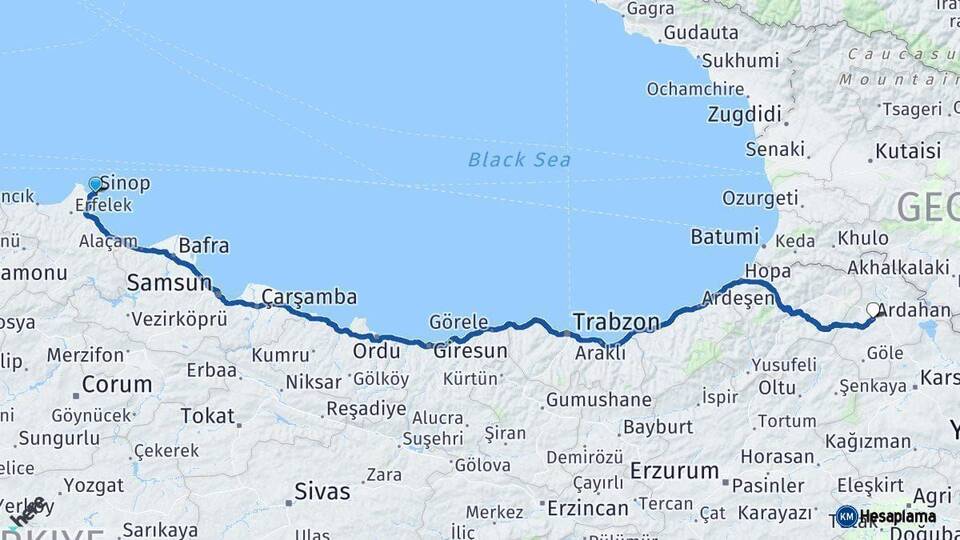 Sinop Ardahan Arası Kaç Km - Yol Haritası