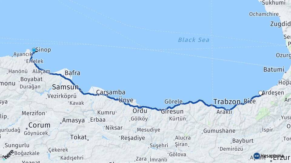 Sinop Ardeşen Rize Arası Kaç Km - Yol Haritası