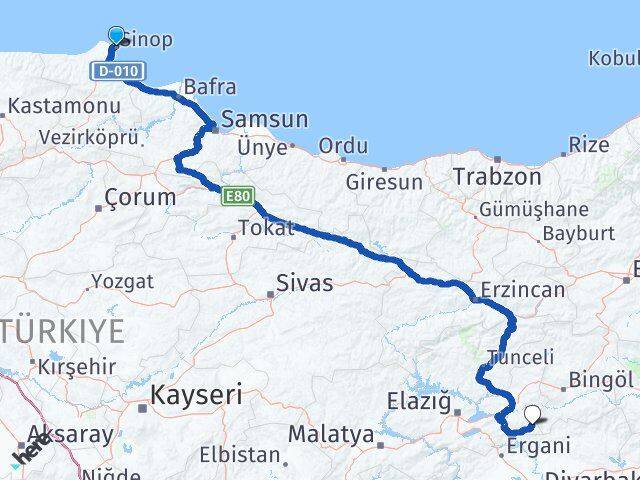 Sinop Arıcak Elazığ Arası Kaç Km - Yol Haritası
