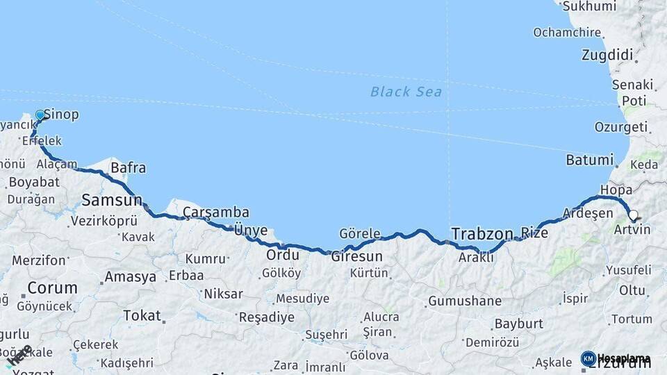 Sinop Artvin Arası Kaç Km - Yol Haritası