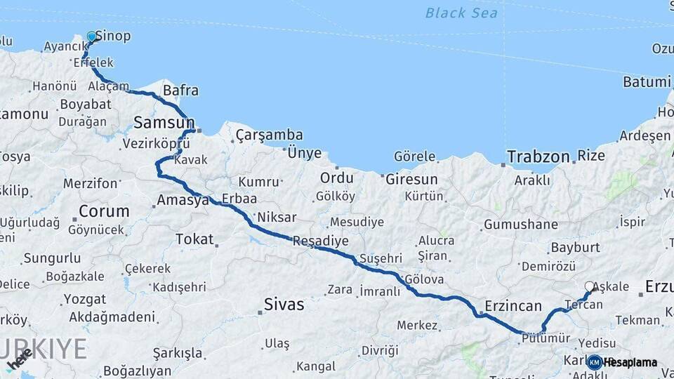 Sinop Aşkale Erzurum Arası Kaç Km - Yol Haritası