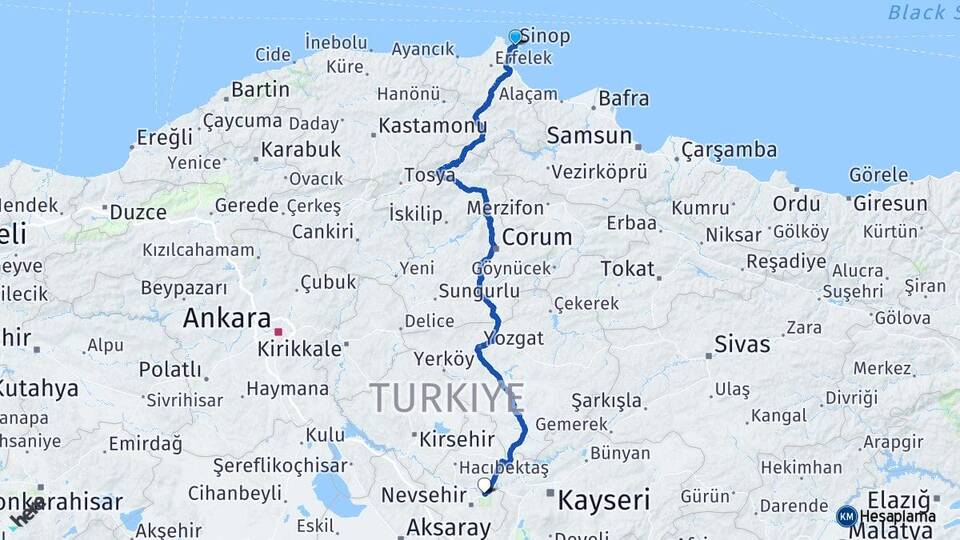 Sinop Avanos Nevşehir Arası Kaç Km - Yol Haritası