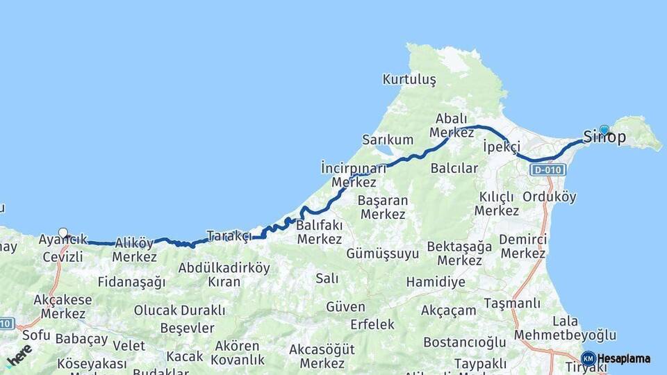 Sinop Ayancık Arası Kaç Km - Yol Haritası