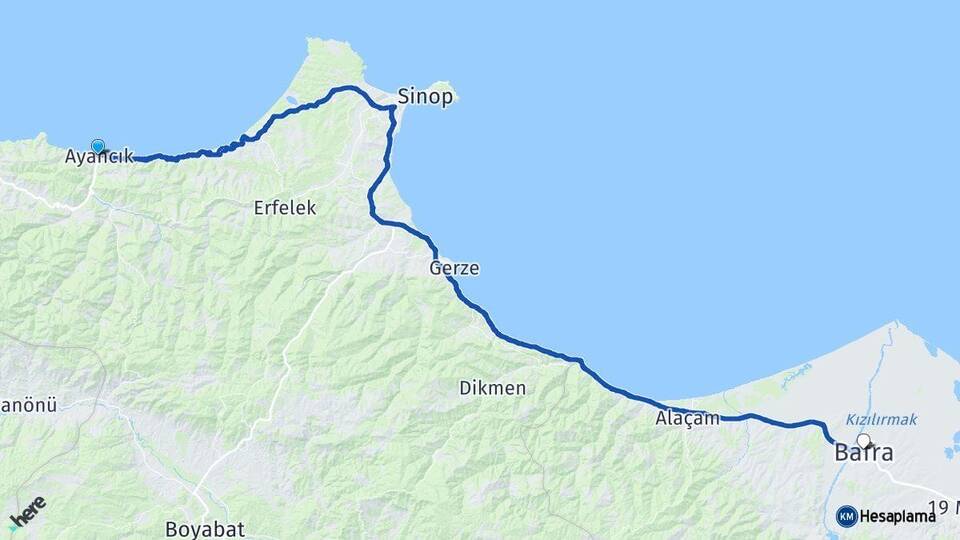 Sinop Ayancık Bafra Samsun Arası Kaç Km - Yol Haritası