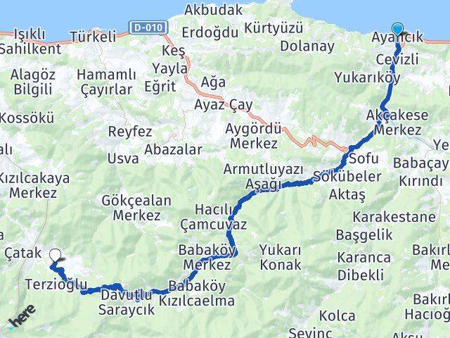 Sinop Ayancık Çatakörencik Türkeli Arası Kaç Km - Yol Haritası
