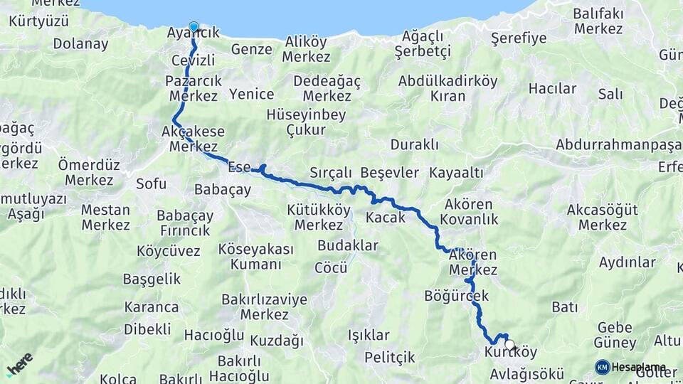 Sinop Ayancık Kurtköy Ayancık Arası Kaç Km - Yol Haritası