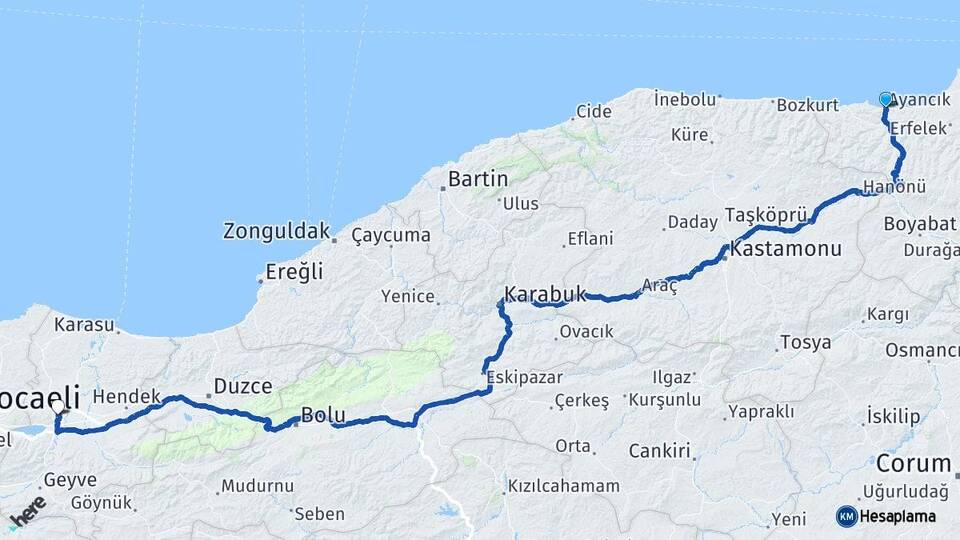 Sinop Ayancık Sakarya Arası Kaç Km - Yol Haritası