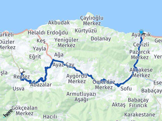 Sinop Ayancık Yeşiloba Türkeli Arası Kaç Km - Yol Haritası