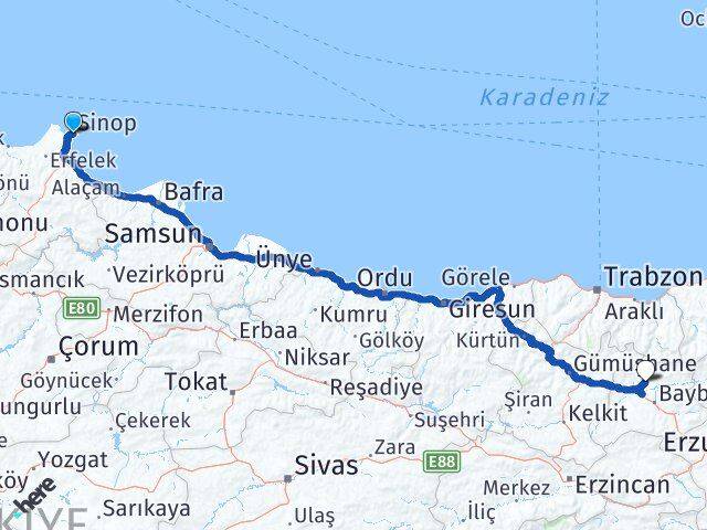 Sinop Aydıntepe Bayburt Arası Kaç Km - Yol Haritası