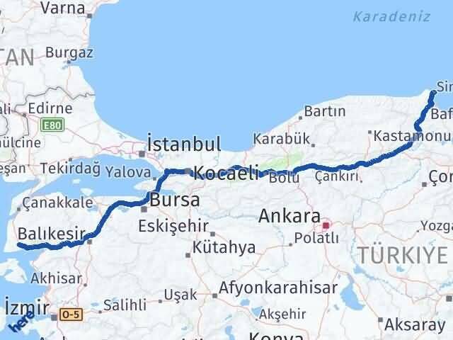 Sinop Ayvacık Çanakkale Arası Kaç Km - Yol Haritası