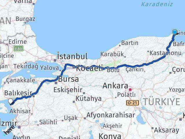 Sinop Ayvalık Balıkesir Arası Kaç Km - Yol Haritası