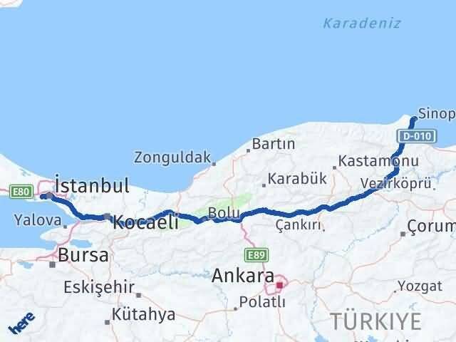 Sinop Bağcılar İstanbul Arası Kaç Km - Yol Haritası