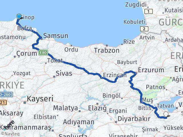 Sinop Bahçesaray Van Arası Kaç Km - Yol Haritası
