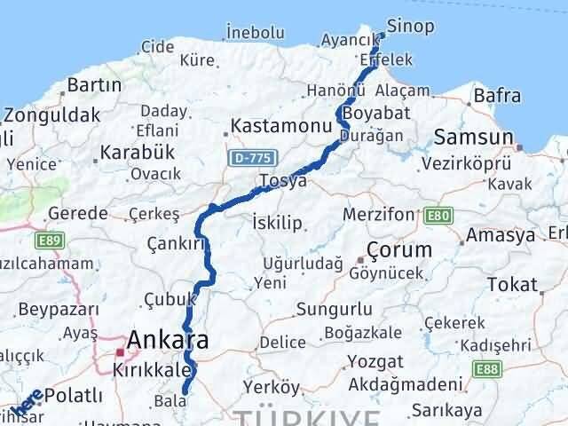 Sinop Bahşili Kırıkkale Arası Kaç Km - Yol Haritası