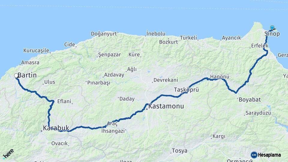 Sinop Bartın Arası Kaç Km - Yol Haritası