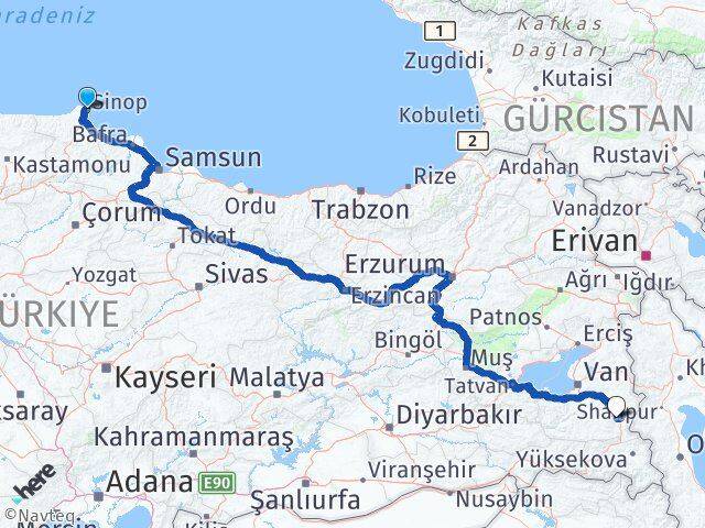 Sinop Başkale Van Arası Kaç Km - Yol Haritası
