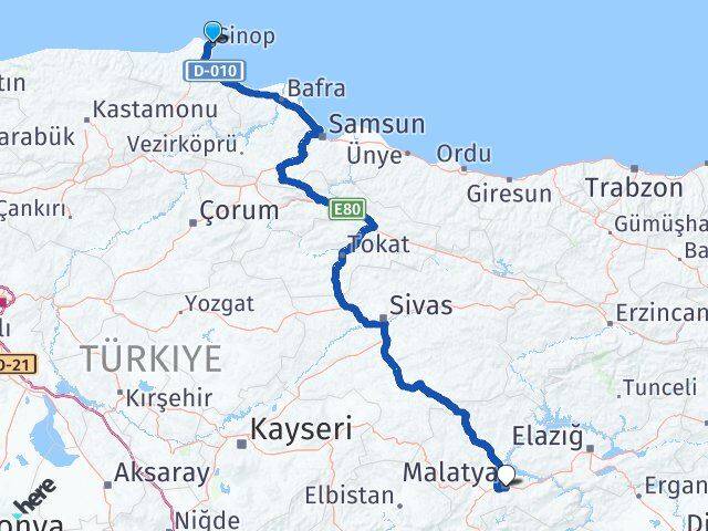 Sinop Battalgazi Malatya Arası Kaç Km - Yol Haritası
