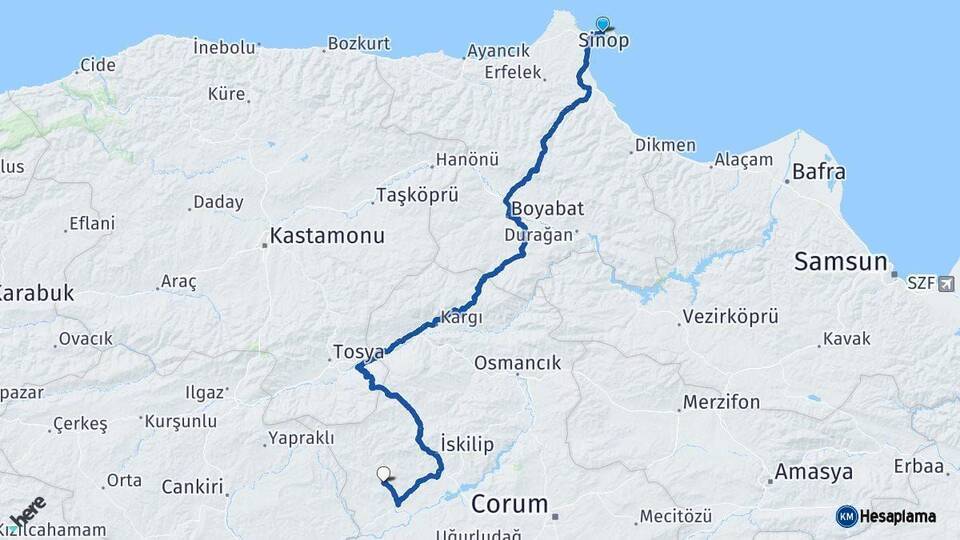 Sinop Bayat Çorum Arası Kaç Km - Yol Haritası