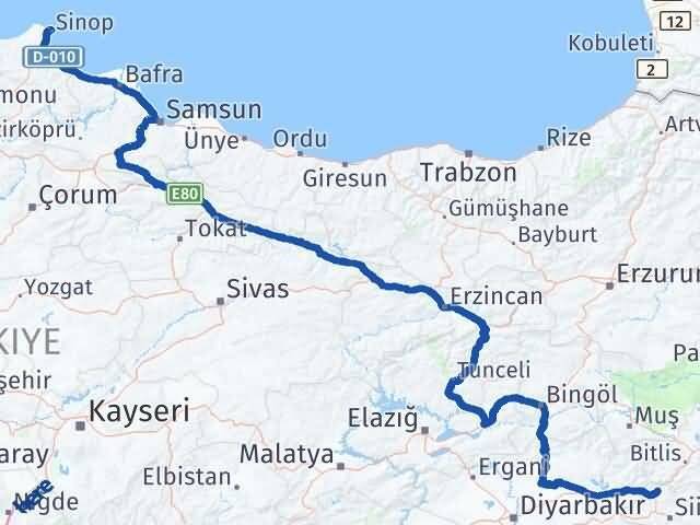 Sinop Baykan Siirt Arası Kaç Km - Yol Haritası