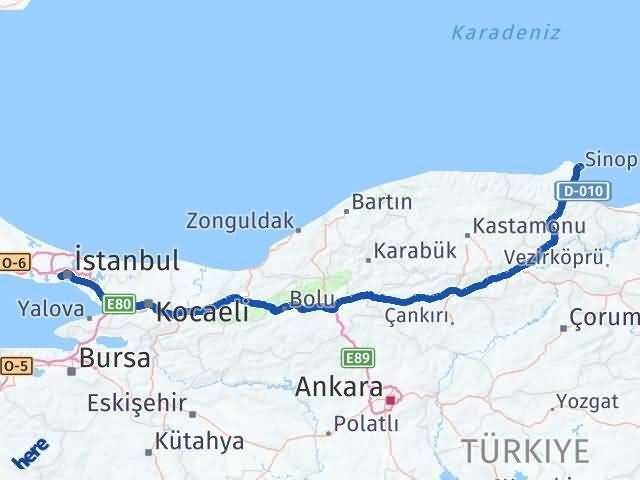 Sinop Bayrampaşa İstanbul Arası Kaç Km - Yol Haritası