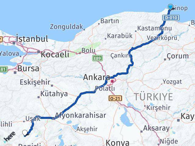 Sinop Bekilli Denizli Arası Kaç Km - Yol Haritası