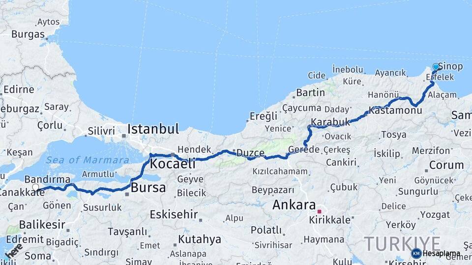 Sinop Biga Çanakkale Arası Kaç Km - Yol Haritası