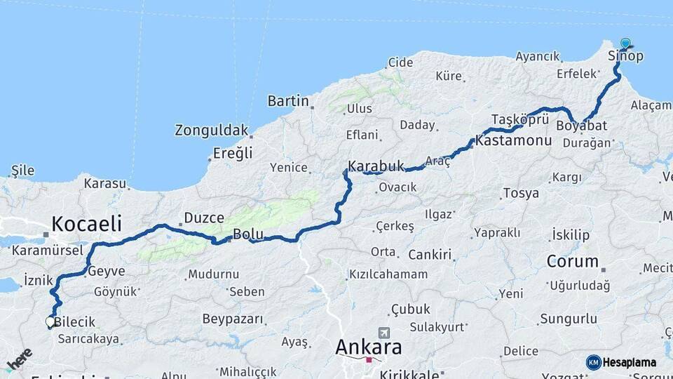 Sinop Bilecik Arası Kaç Km - Yol Haritası