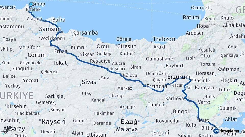 Sinop Bitlis Arası Kaç Km - Yol Haritası