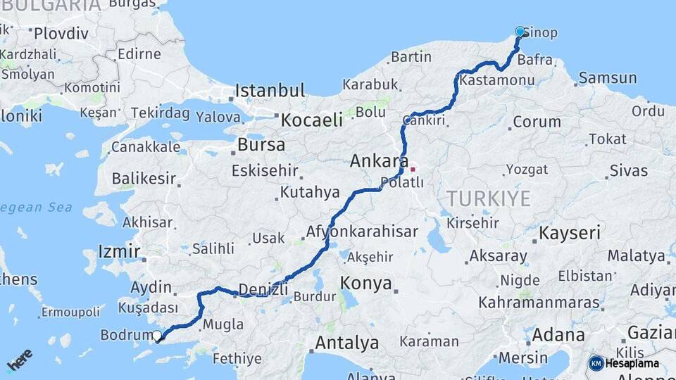 Sinop Bodrum Muğla Arası Kaç Km - Yol Haritası