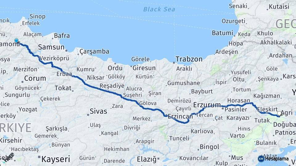Sinop Boyabat Ağrı Arası Kaç Km - Yol Haritası