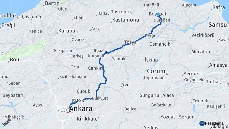 Sinop Boyabat Ankara Arası Kaç Km - Yol Haritası