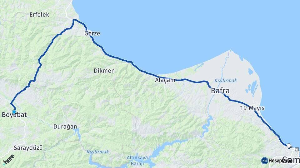 Sinop Boyabat Atakum Samsun Arası Kaç Km - Yol Haritası