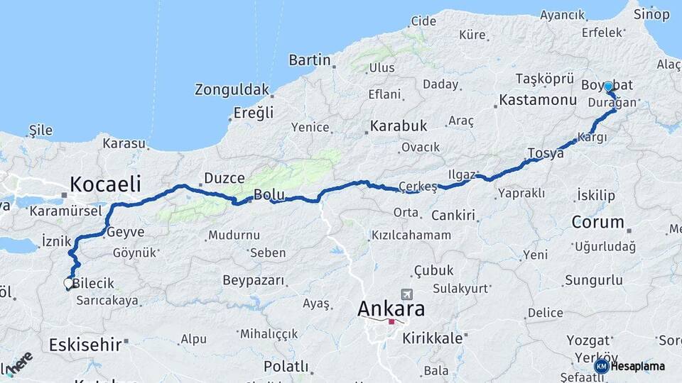 Sinop Boyabat Bilecik Arası Kaç Km - Yol Haritası