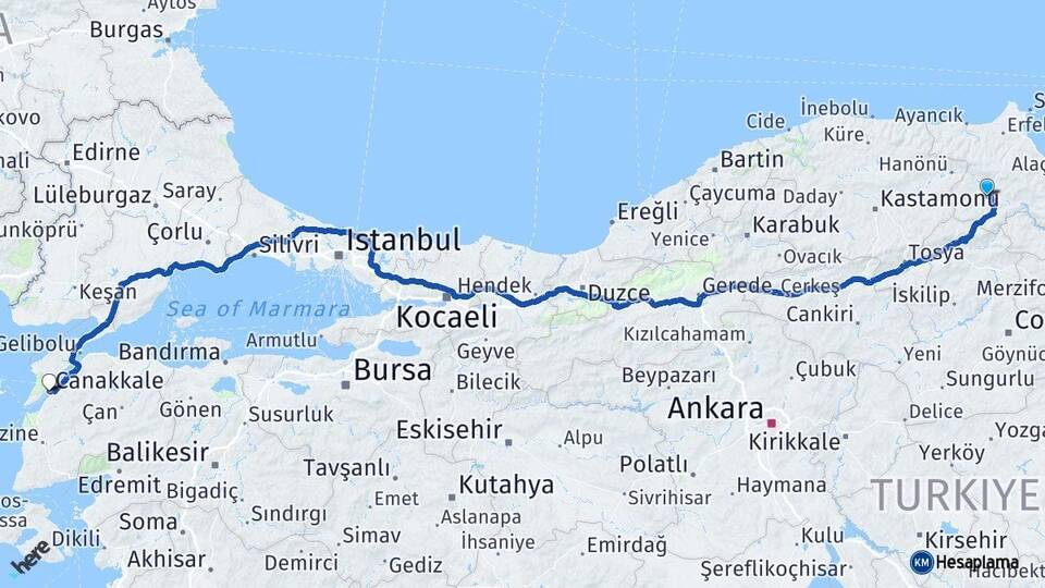 Sinop Boyabat Çanakkale Arası Kaç Km - Yol Haritası