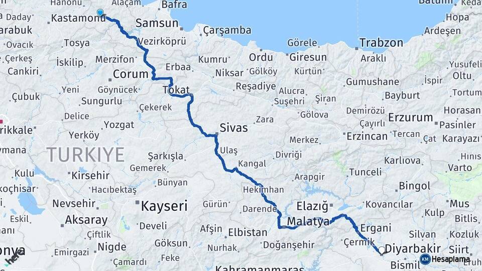 Sinop Boyabat Diyarbakır Arası Kaç Km - Yol Haritası