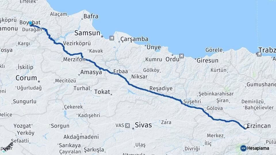 Sinop Boyabat Erzincan Arası Kaç Km - Yol Haritası