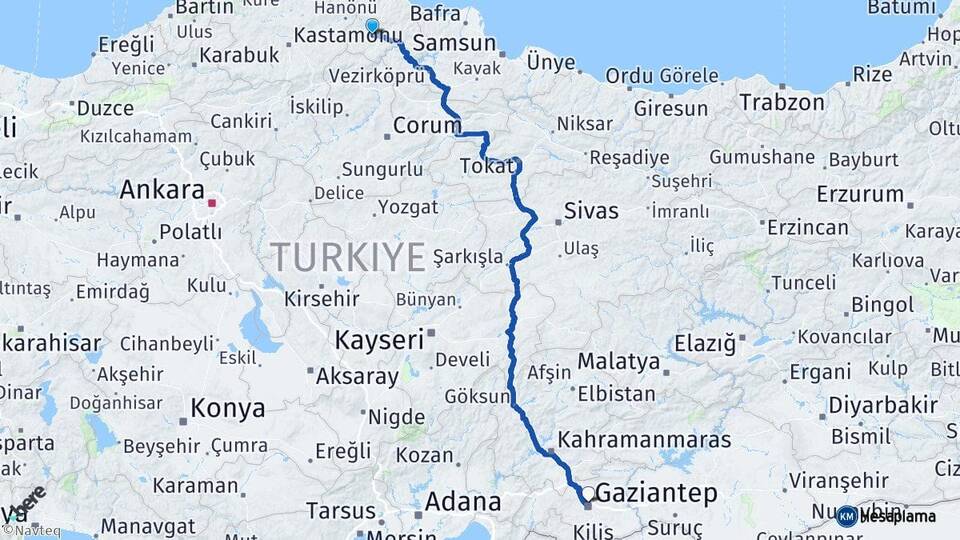 Sinop Boyabat Gaziantep Arası Kaç Km - Yol Haritası