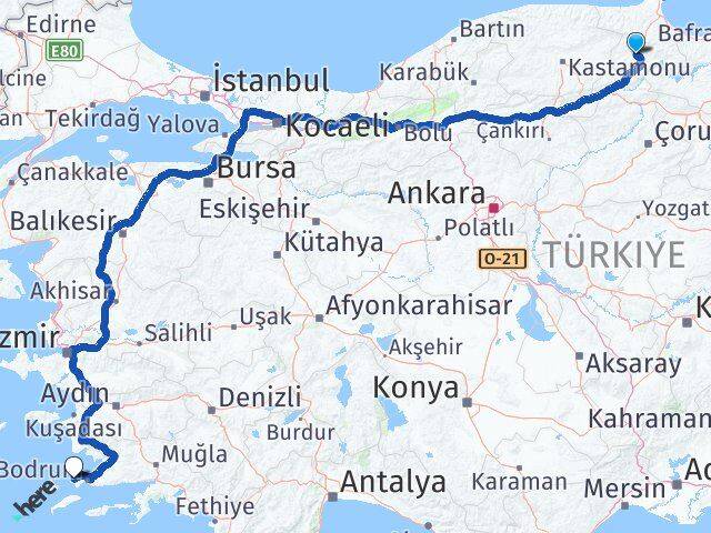 Sinop Boyabat Gümüşlük Bodrum Muğla Arası Kaç Km - Yol Haritası