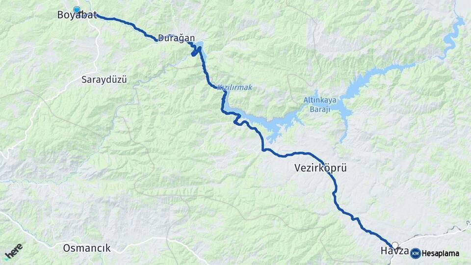 Sinop Boyabat Havza Samsun Arası Kaç Km - Yol Haritası