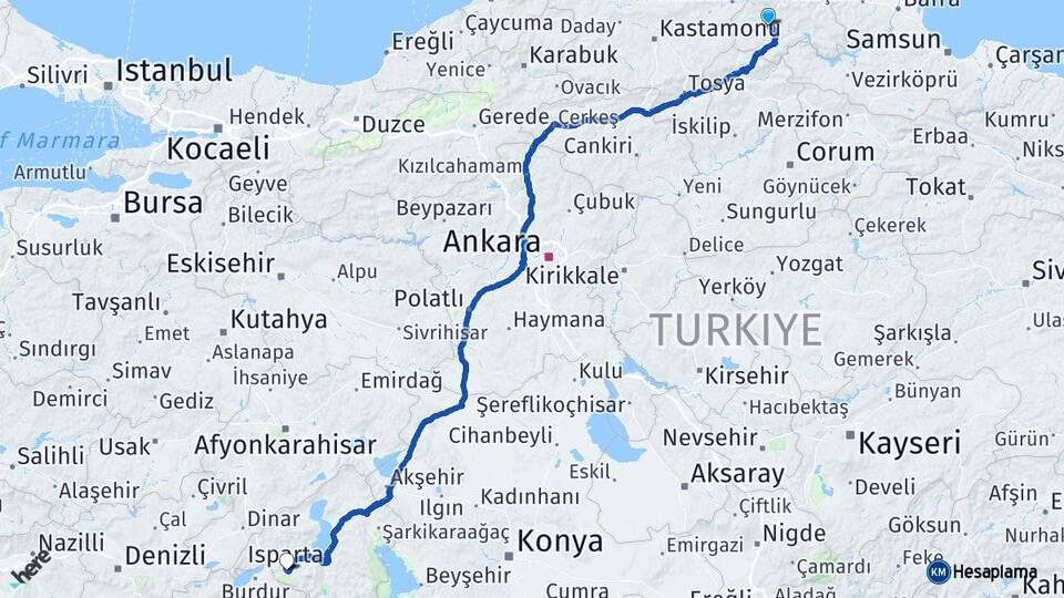 Sinop Boyabat Isparta Arası Kaç Km - Yol Haritası