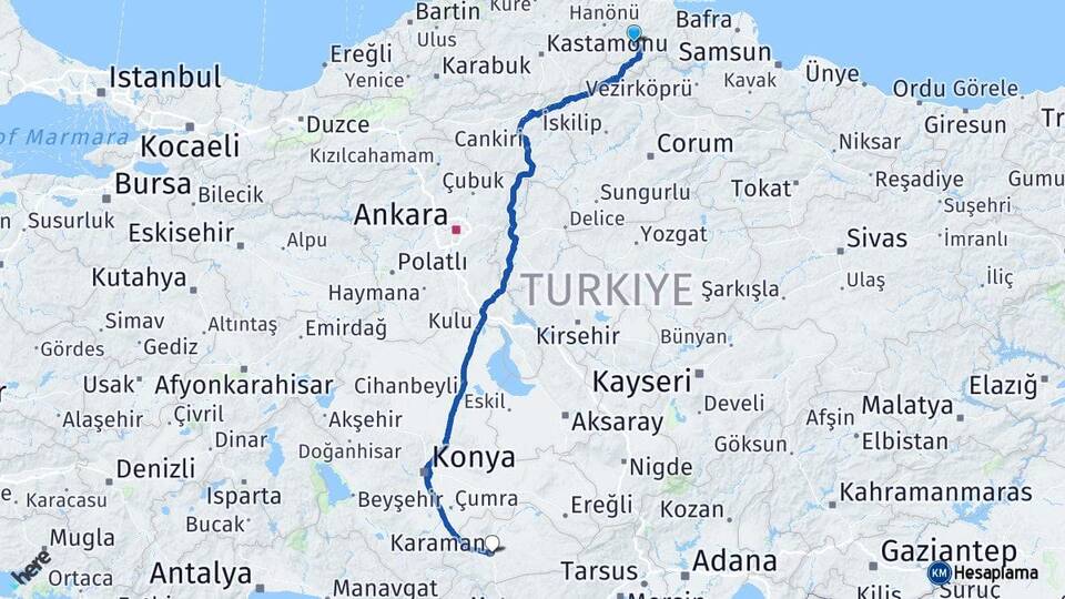 Sinop Boyabat Karaman Arası Kaç Km - Yol Haritası