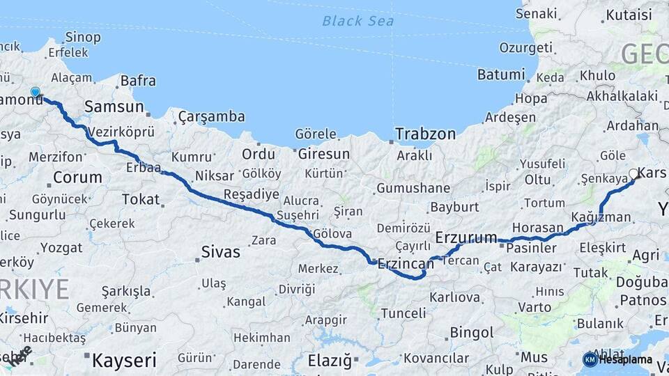 Sinop Boyabat Kars Arası Kaç Km - Yol Haritası